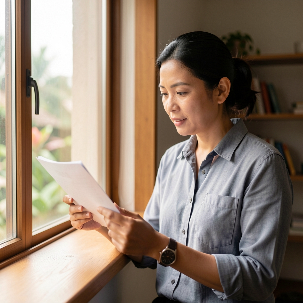 Indonesian editorial writer reviewing supplement notes beside a window in soft morning light
