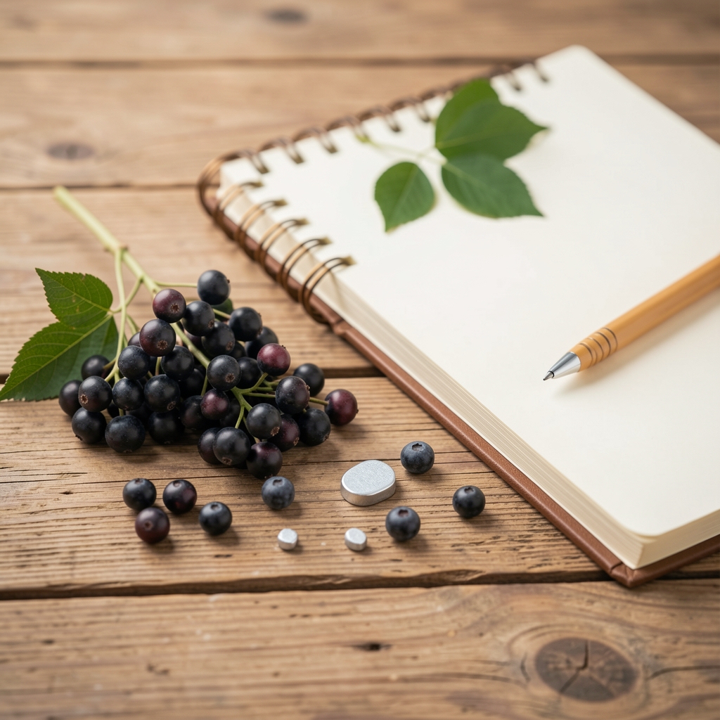 Elderberry and zinc ingredients arranged with a notebook on a natural wooden table