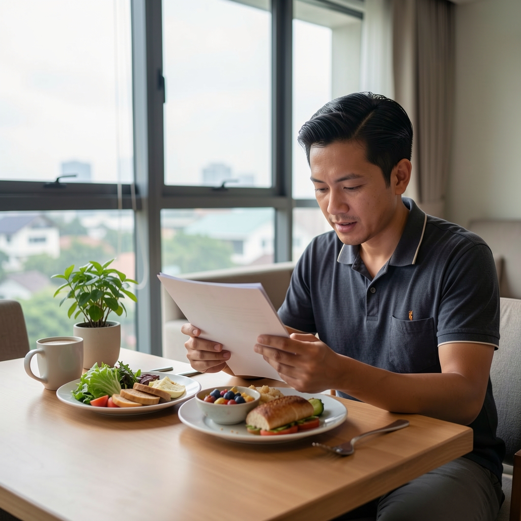 Man reviewing digestive enzyme notes beside a balanced lunch in a Jakarta apartment