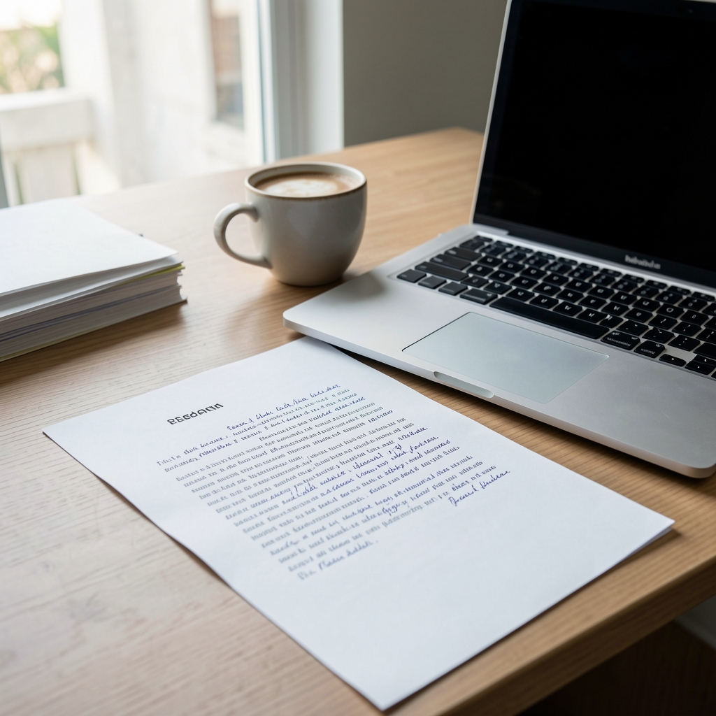 Editorial correspondence desk with handwritten reader letter, laptop, and Indonesian coffee in daylight
