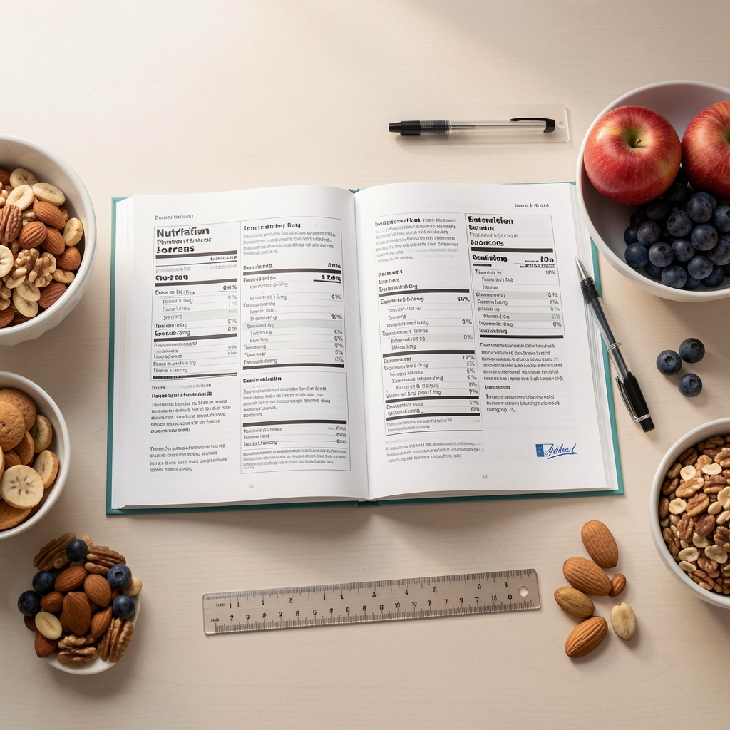 Open nutrition journal with ingredient labels, ruler, pen, and whole foods on a pale desk